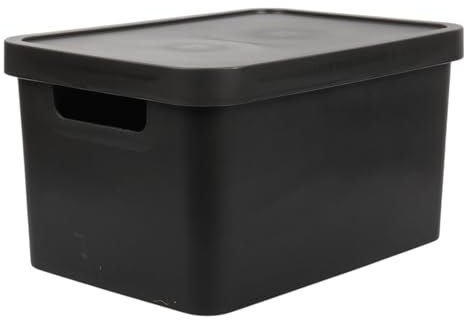 Plastic Large Storage Box with Lid, 31L Capacity, Solid Matte Colour, Decorative Design with Handle, Stackable & Nestable Space-Saving Organizer for Home & Office – 45.5 x 33.5 x 25 cm (BLACK)