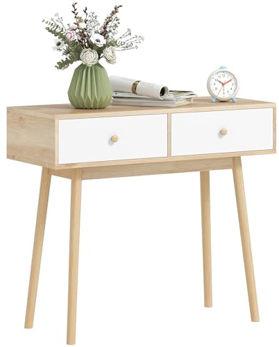 HOMCOM Console Meuble Style Moderne 2 Tiroirs 86 x 35 x 75 cm Chêne Blanc