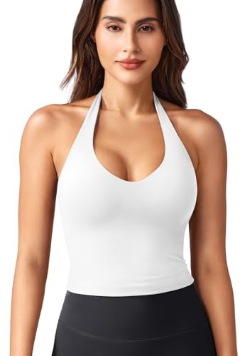 ZAAYO Hållare Neckline linne damer djup V vadderad crop top damer sommar basic sexig ärmlös sommartoppar, Vit, L
