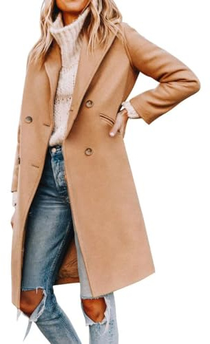 Cicy Bell - Cappotto da donna, con colletto a revers con intaglio, doppio petto, in misto lana, per l'inverno, lunghi cappotti da donna, Marrone chiaro, L
