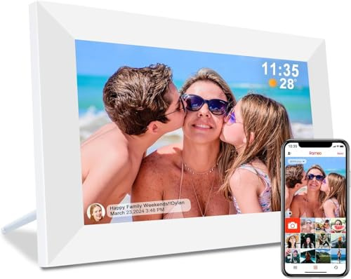 Frameo - Cornice digitale da 10,1 pollici, cornice digitale Wi-Fi, 32 GB di memoria, display IPS 1280 x 800, rotazione automatica, montaggio a parete, condivisione di foto/video (bianco)