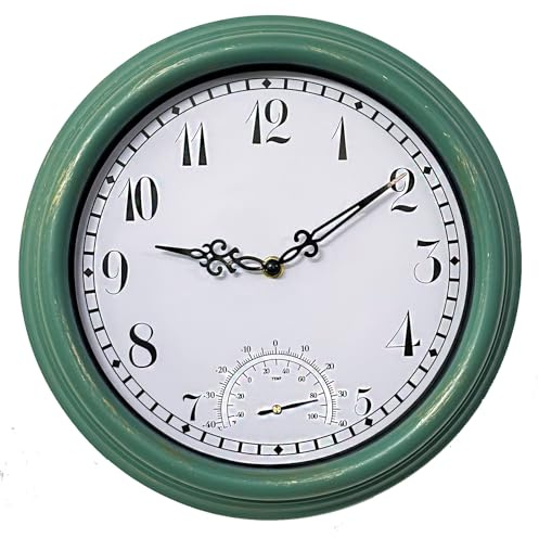Taodyans Reloj de jardín para exterior, resistente a la intemperie, grande, 30 cm, impermeable, con termómetro para colgar en terraza, piscina, porche, baño, tictac (turquesa)