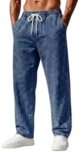 Bekväma jeansbyxor elastisk midja män, lätta jeansbyxor för män | Dragsko jeans med fickor, lösa raka ben denimbyxor, mjuka stretch träningsbyxor för alla årstider daglig användning