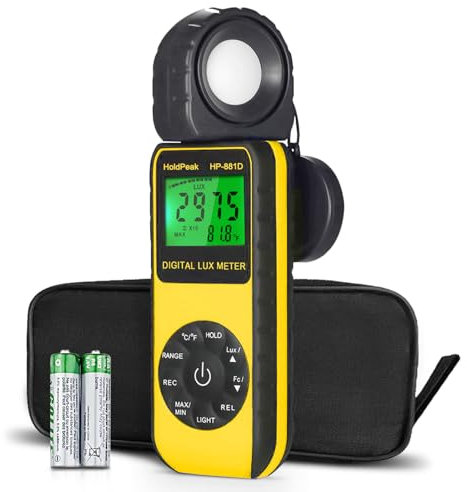 Digital Luxmetre Numerique 400,000 Lux HoldPeak-881D,Luminosité/Clair au Mètre,Mesureurs de Lumière,Mesureur de Température Ambiante avec Portée Jusqu'à 400,000 Lux,1–40000FC Luxmetre