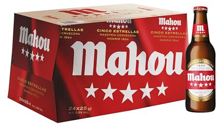 Mahou 5 Estrellas, Pack de 24 botellines de 25 cl, Cerveza Especial Dorada Lager, Sabor 5 Estrellas, 5.5% de Volumen de Alcohol