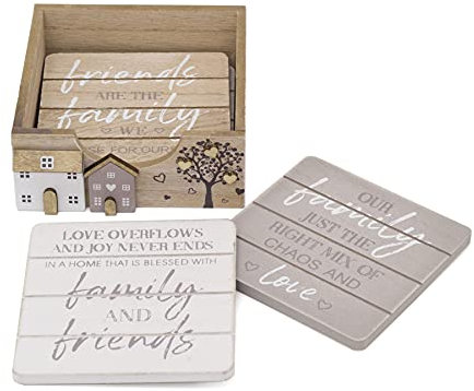 Set Of 4 Shabby Chic House Design Wooden Coasters | Family Friends Quotes Coasters With Holder Cup Mug Table Mats | Wood Drinks Coaster Set