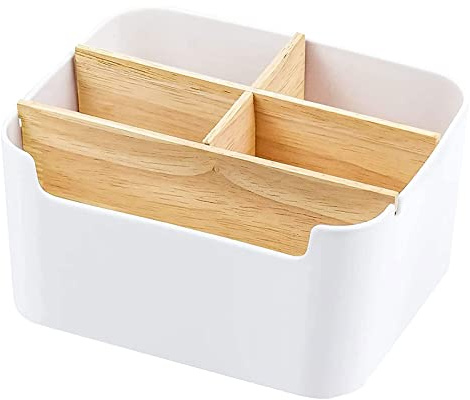 TZQFROCE Schreibtisch Organizer 5 Fächer Bambus Büro Organizer mit Stifthalter Fernbedienung Organizer Tisch Organizer Schreibtisch Organizer Holz für Smartphones Kosmetika Stifte - Weiß