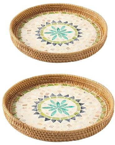 BestAlice 2pcs Rattan Woven Basket Handmade Rattan Shell Colorful Storage Round Tray Bamboo Bread Rack Desktop Woven Storage Basket for Bread Fruit Food Coffee Breakfast, Storage and(Lime Green)