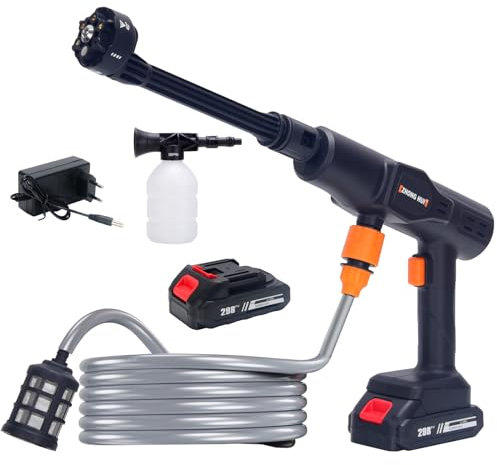 Umelee Hidrolimpiadora Inalámbrica, Pistola de Agua a Presión Portátil 21V con Boquilla 6 en 1, 2 Baterías, Manguera 5m, Limpiadora Alta Presión para Uso en Coche Hogar Jardín Patio Viajes
