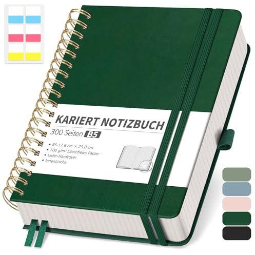 RETTACY Anteckningsbok B5-linjerad, bullet journal med 100 g/m² tjockt papper, 150 ark/300 numrerade sidor, collegeblock för kontor och skola, läderfodral, mörkgrön, 17,6 cm x 25 cm