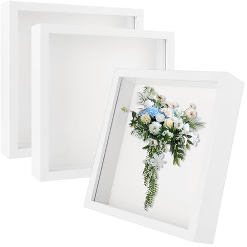 MIVIDE 3D Bilderrahmen zum Befüllen, 3 Stück 3D Bilderrahmen 20 x 20cm, 3D Rahmen Tiefer Objektrahmen für Objekte bis 3 cm, für Hochzeitsstrauß, DIY Kunstwerke, Weiß