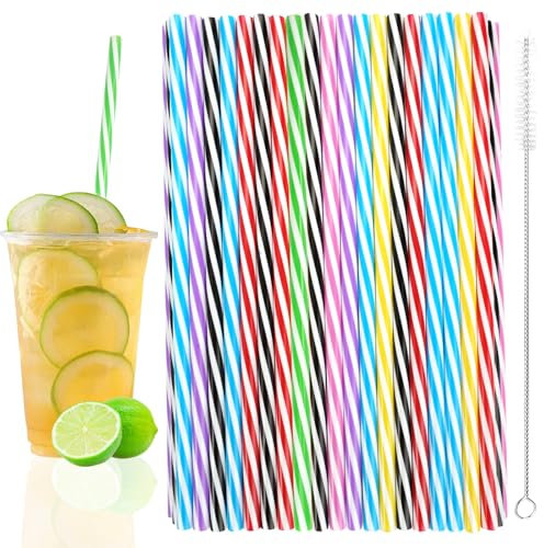 Lot de 100 Pailles Réutilisables en Plastique,Rayées Pailles Longueur 23 cm,Couleurs Assorties Pailles Avec Brosse de Nettoyage,Vaisselle de Fête,pour Smoothies, Jus, Cocktails, Boissons Chaudes