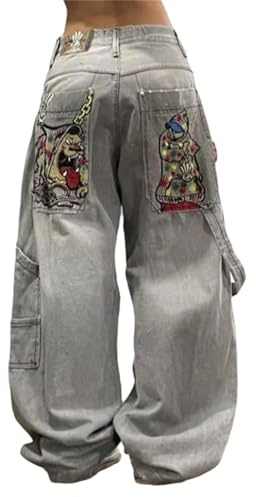 tinetill Cargo Jeans Femmes Y2K Punk Bleu Clair Z8 Taille Haute S Baggy Droite Vintage Hip Hop Jeans Pantalon Décontracté E-Girl Pantalon Streetwear