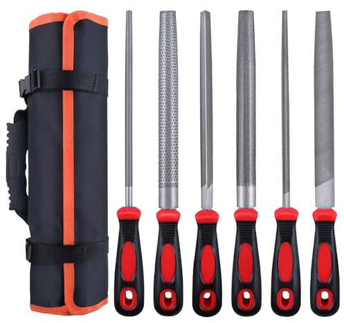 GOLD DEER Juego de 6 limas de metal de 8 pulgadas, limas de metal para acero, incluye 5 limas de escofina de metal, 1 lima de madera, limas de acero al carbono T12 con mango de goma para metalurgia y