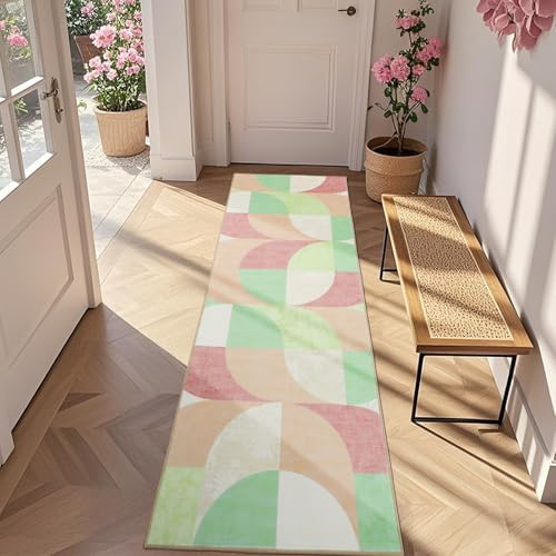TUKDAK Boho Teppich Läufer Flur 60x180 cm, Bunt Geometrisches Karomuster Küchenteppich Waschbar, rutschfest Flurteppich, Weicher Mädchen Schlafzimmer Teppich für Badezimmer Waschküche Kinderzimmer
