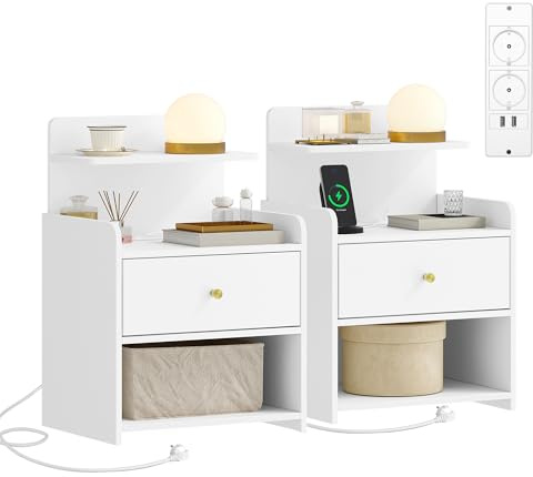 HEXCELEN Sängbord med Laddningsfunktion, Set med 2, Sängbord med 1 Låda Och 2 Öppna Fack, Nattduksbord med Usb-Port, Type-C-Port Och 2 Uttag, för Sovrum, Vardagsrum, Modernt, Vit