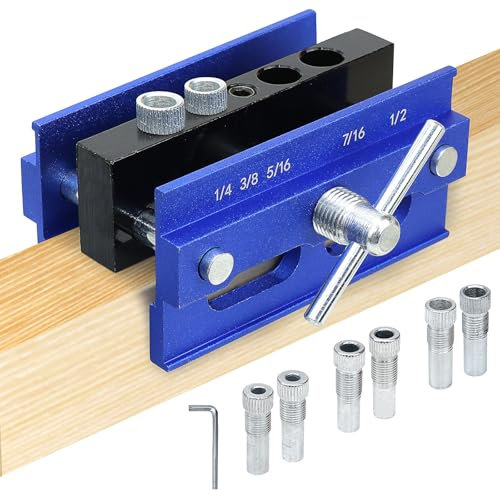 Self Centering Dowel Jig Kit, Drill Guide Jig Block for Straight Holes with 6 PCS Drill Bushings, Premium Self Centering Doweling Jig Kit for Woodworking, Adjustable Width Biscuit Joiner Tool