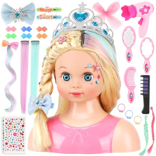 Styling Head Doll for Kids with 25-Piece Hairdressing Set - Colourful Extensions & Royal Accessories - Make Up Dolls Head for Girls Aged 3+, Gifts Birthday Role Play Toys