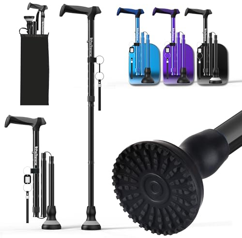 ProTraverse Walking Cane for Men & Women,Foldable,Adjustable,Self Standing Cane with Wrist Strap&Tag,350lbs Heavy Duty,All Terrain,Collapsible Walking Sticks for Seniors & Adults,Black