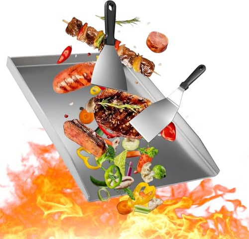 Nikou Grillplatta i rostfritt stål 40 x 30 cm, Plancha grillplatta med 2 grillspatlar för gas och kolgrillar, universell plancha-grillplatta med grillspatel, grilltillbehör för BBQ kolgrill