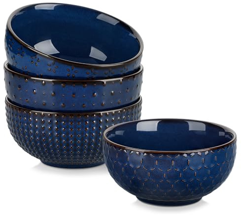 MALACASA Cuencos de Cereales de Gres 780 ml 4 Piezas LYDIA Azul | Diseño en relieve, Apto para microondas y lavavajillas, Ideal para desayuno, sopa, ensalada y aperitivos, Apilable