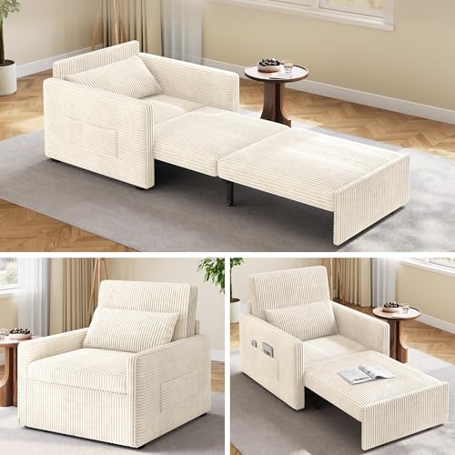 Ahomly 75.2 Sleeper Chair Pull Out Bed, 3 in 1 Corduroy Chair Bed Sleeper for Adults, Multi-Functional Single Sofa with Side Pockets for Living Room, Small Place, Beige