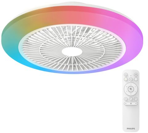 Philips Amigo Takfläkt med Belysning, LED, Böjda Blad i Säkert Dubbelringshölje, 48 cm diameter, 4 400 lumen, Fullfärg, Reglerbart Vitt Ljus, 2 700–6 500 K, Fläkt med 6 Hastigheter, Fjärrkontroll, Vit