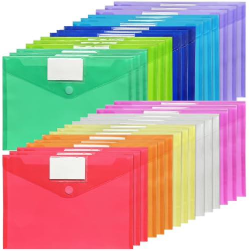 RITOLLO 30 Pack A4 Plastic Wallets, Assorted Colours Document Folders with Label Pocket & Secure Closure, Waterproof File Envelopes for School, Office, Home & Travel Organisation