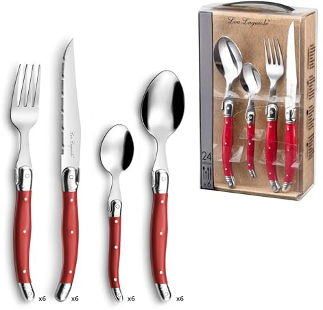 LOU LAGUIOLE TRADITION Steakmesser Bestickset 24 delar | Biffstek med tradition och stil | Griffe i Rot | Wellenschliff Messer | Grillbestickset | Scharfe Messer | Bestickset 6 personer