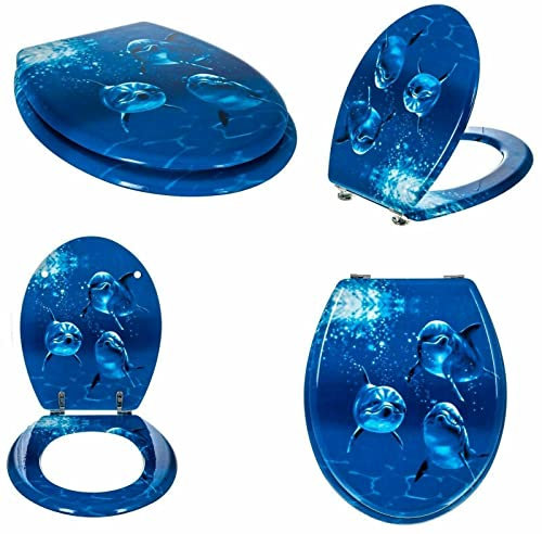 MDF Toilet Seat Novelty Design Stainless Steel Hinges All Printed Loo Seats All Printed ON 3 Sides (Dolphin Family Design)