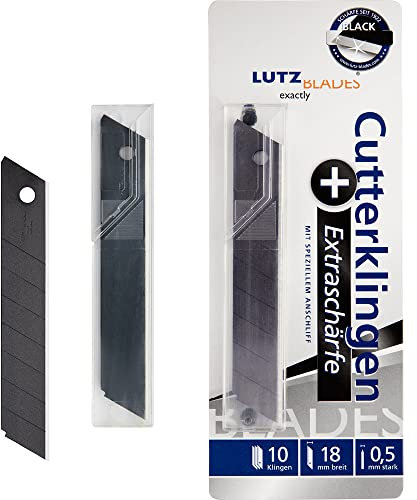 LUTZ BLADES Profi Cuttermesser Klingen schwarz, 18mm, 0,5mm stark, 10 extra scharfe Ersatzklingen für Cutter- und Teppichmesser, Folienmesser, für Teppich, Lederarbeiten, nasse Tapete und mehr