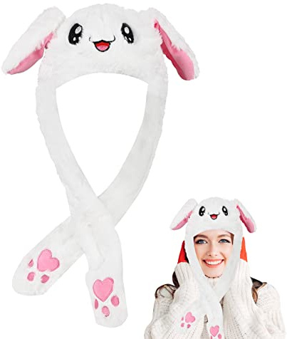 TSLBW Peluche Chapeau de Lapin Drôle avec Oreille Mobile, Chapeau D'oreille D'animal en Peluche, Bonnet D'animal de Lapin Mignon pour Femmes Filles Habiller Cosplay Costume Cadeaux de Fête Blanc