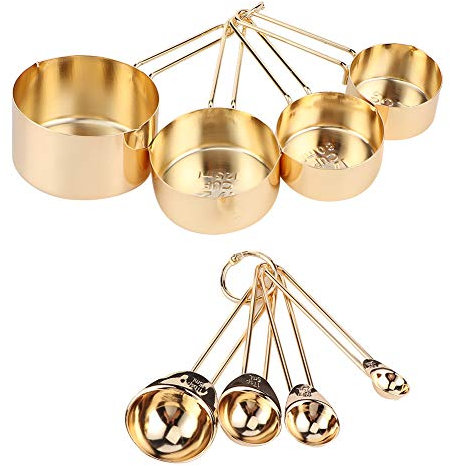 Set di Cucchiai Dosatori in Acciaio Inossidabile da 8 Pezzi, Set di Misurini e Cucchiai Dosatori in Acciaio Inossidabile con Bilancia Accessorio per la Cottura della Cucina Domestica (Oro)