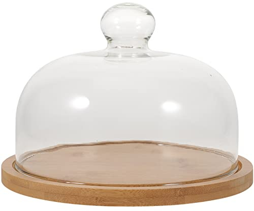 DOITOOL Glass Dome with Wooden Base, Glass Cake Stand Display Dome Cloche Clear Bell Jar Cover for Dessert Cheese Candy Plants, 5.8 x 8.2 x 8.2