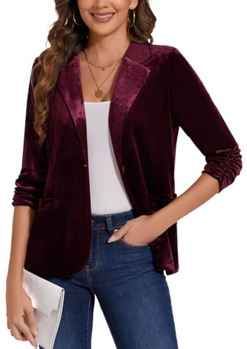 MINTLIMIT Velvet Blazer for Women Casual Work Office 3/4 Ruched Sleeve Notched Lapel Button Blazer Jacket with Pockets (Wine Red, Size M)