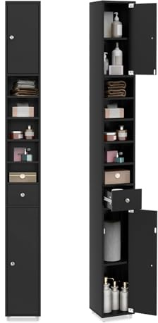 LIFEZEAL Armario Alto 180cm, Armario Alto de baño con 2 Puertas y 1 cajón, Mueble Auxiliar con 5 estantes Ajustables, Organizador para Espacio pequeño (Negro)
