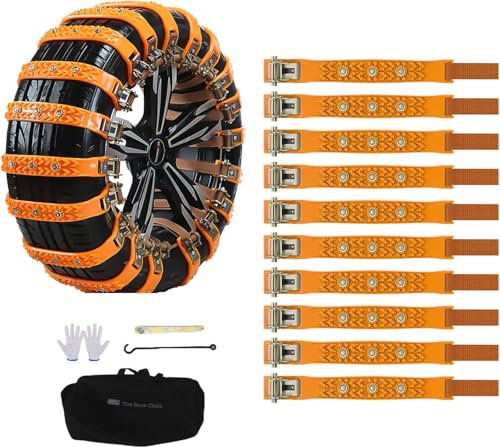 AUTO HIGH 10 Stück Universal-Auto-Schneeketten mit Aufbewahrungstasche und Werkzeug, Reifen 165–265 mm für PKW, LKW, SUV, rutschfeste, verstellbare Winter-Schneeketten (einreihige Nägel)