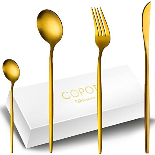 COPOTIO Matt Gold Cutlery Sets for 6 People, 24 Pieces Stainless Steel Silverware Set with Knife Fork Spoon, Slim Handle