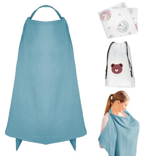 3 Stück Teiliges Stillschürze Set, Atmungsaktives Musselin Stilltuch für Babys, Aufbewahrungstasche & Mulltuch, Multifunktionales Stillcover für Unterwegs