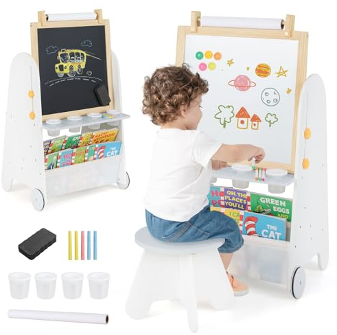 COSTWAY Kids Art Easel and Stool Set, 4 in 1 Toddler Activity Table with Magnetic Whiteboard, Chalkboard, Bookshelves, Paper Roll, Paint Cups, for Drawing, Reading, Learning (White + Grey)