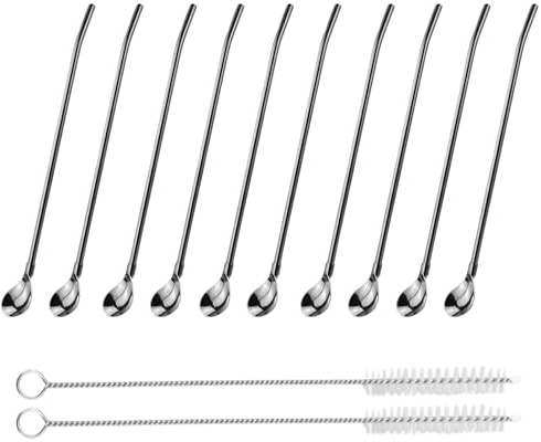 10 pezzi Cucchiaio Cocktail Professionale in Acciaio Inox con 2 spazzole,Argento Cucchiaini Gelato Premium Agitatore,Cannucce a Cucchiaio Riutilizzabili 2 in 1,Per Latte
