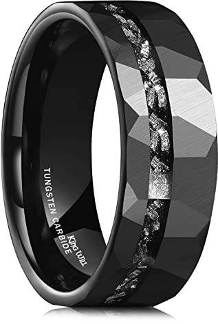 King Will Fedi nuziali da uomo in carburo di tungsteno martellato nero 8 mm imitato meteorite intarsio opaco spazzolato tungsteno anello, X 1/2(67.19mm), Metallo, Nessuna pietra preziosa