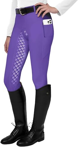 FitsT4 Leggings da Equitazione da Donna, in Silicone, con Tasca per Cellulare e Passanti per Cintura