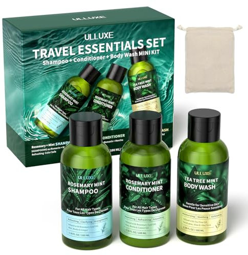 Kit da viaggio per bagno e capelli, shampoo al rosmarino, balsamo e docciaschiuma all'albero del tè, per forfora e prurito, formato da viaggio da 3,38 oz (3 pezzi)