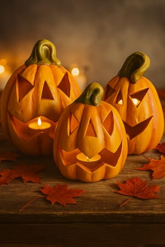 3er Set Halloween Kürbisse aus Terrakotta – Handbemalte Kürbis Deko mit Gesichtern – Herbstdeko für innen & außen, Tischdeko & Gartendeko für Herbst & Halloween
