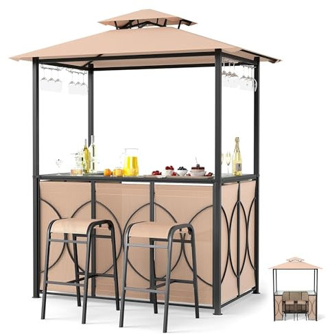 RELAX4LIFE Tonnelle Barbecue Extérieur avec 2 Tabourets | Auvent Abri Barbecue | Toit Ventilé | Comptoir en Verre Trempé | Etagères 2 Niveaux | Porte-Verre | Crochets | pour Terrasse Jardin