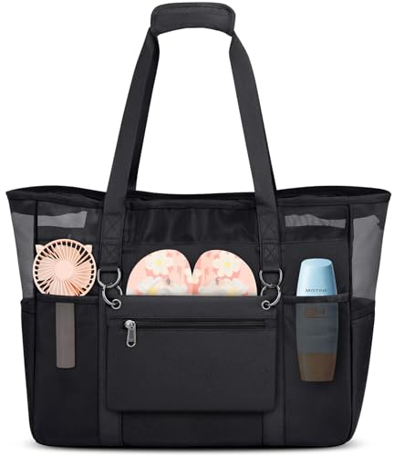 RAINSMORE Bolsa Playa Grande XXL 40L Familiar con Cremallera Plegable Bolsa de Mano Shopper para Playa/Viajes/Uso Diario/Gimnasio Negro