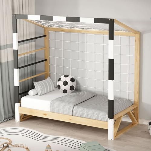 ML-Design Juniorsäng med Fotbollsmål 70x140 cm Träsäng med Ribbotten Klätterstege och Skyddsnät Barnsäng i Furu Enkelbädd för Unga Sängram för Pojkar och Flickor Fotbollsmål Lekbädd för Barn