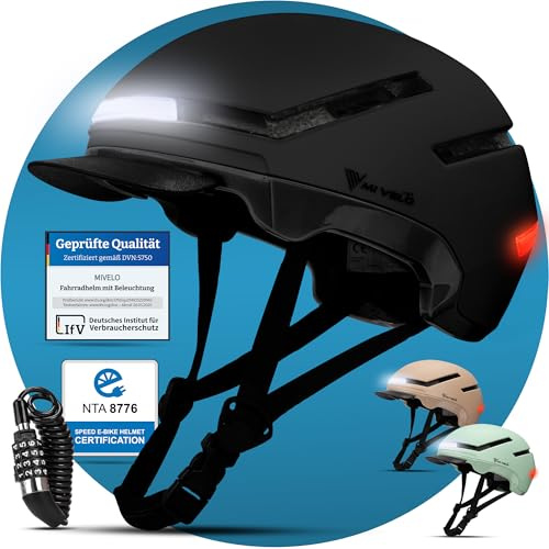 MIVELO Fahrradhelm Damen Herren Erwachsene mit Licht inkl. Helmschloss, NTA Zertifiziert bis 45km/h, Helm geeignet für E-Bike & S-Pedelec, Radhelm Ultraleicht & sicher, Unisex (Schwarz, M (54-58cm))