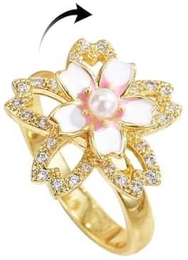 Cherry Blossoms Rotating Flower Fidget Spinner Ring for Women Hypoallergenic Gold-Tone Plated Crystal Floral Stress Relief Anxiety Rings Cubic Zirconia Open Adjustable Promise Wedding Band Trendy Jewelry